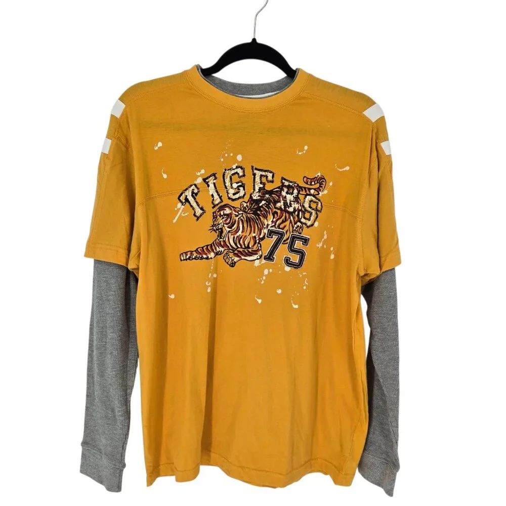 Arizona jeans co junior XL 18 20 waffle long sleeve mock layered yellow tiger